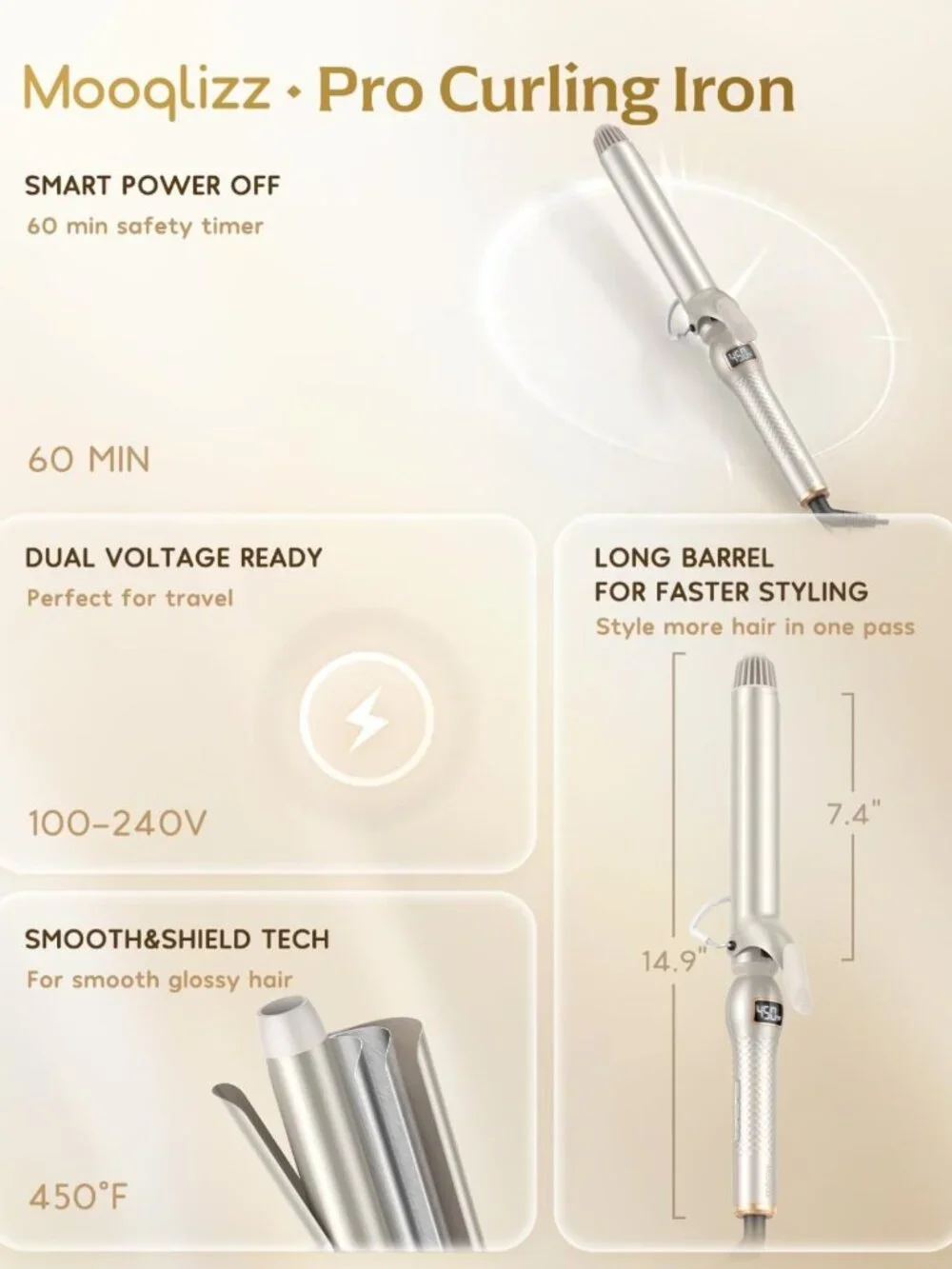 1.25 Inch Ceramic Curling Iron - Loose Curls, Dual Voltage, Perfect for Medium